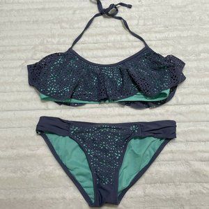 Hot Water 2 Piece Blue Flutter Bikini Top & Bottom Swim Set Sz Medium Laser‎ Cut